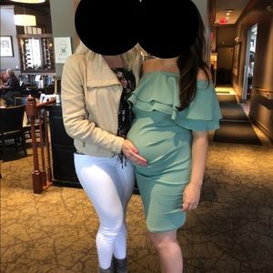 Maternity sage green off the shoulder pink blush dress